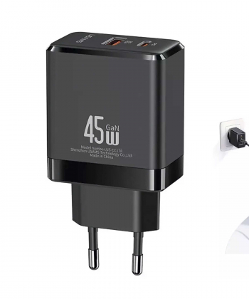 شارژر دیواری فست تایپ سی و یو اس بی 45 وات یوسامز USAMS US-CC178 T58 45W A+C GaN Fast Charger (EU)