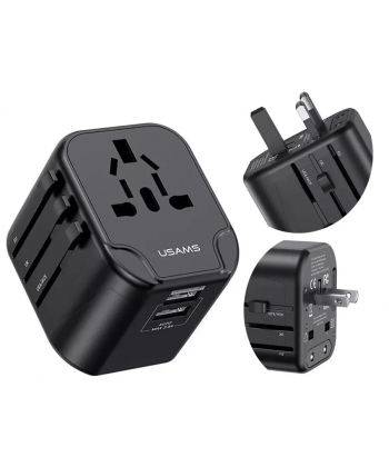 شارژر دیواری دو پورت یو اس بی و یک سوکت برق با دوشاخه های مختلف 12 وات یوسامز USAMS US-CC173 Universal Travel Charger