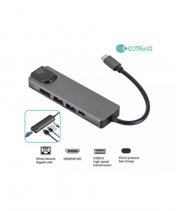 هاب تایپ سی پنج پورت کوتتسی Coteetci HDMI USB3.0*2 ·PD3.0 Gigabit Ethernet 16002