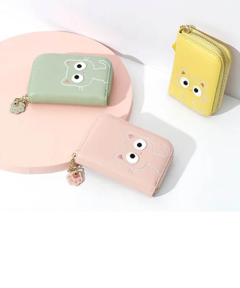 کیف پول عروسکی دخترانه با زنجیر تزئینی TAOMICMIC 929592 Cute Cat Shape PU Leather Women Card Purse