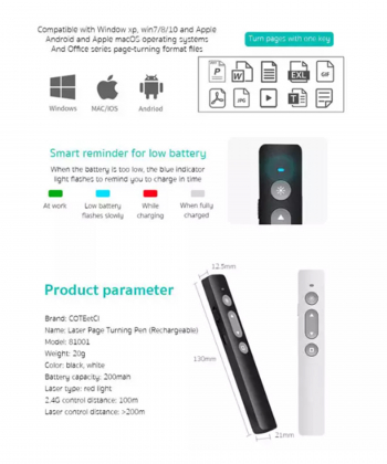 پوینتر و پرزنتر لیزری کوتتسی COTEetCI smart laser page turning pen USB charging port 81001