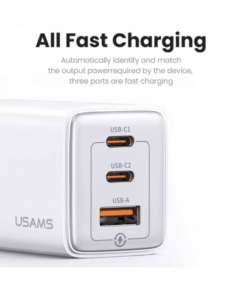 شارژر دیواری فست یو اس بی و تایپ سی 65 وات یوسامز USAMS US-CC180 ACC Three Ports GaN Charger EU Plug