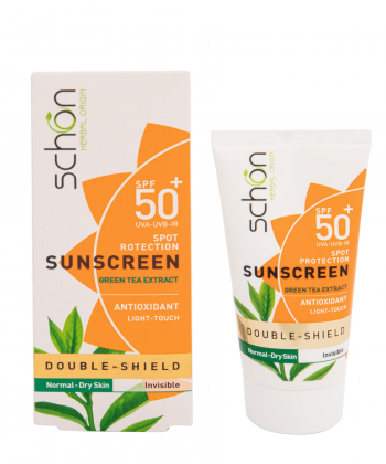 کرم ضد آفتاب بی رنگ SPF50 شون Schon مدل Double-shield حجم 50 میلی لیتر